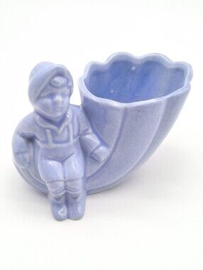 Vintage Periwinkle Blue Ceramic Dutch Boy and Shell Planter